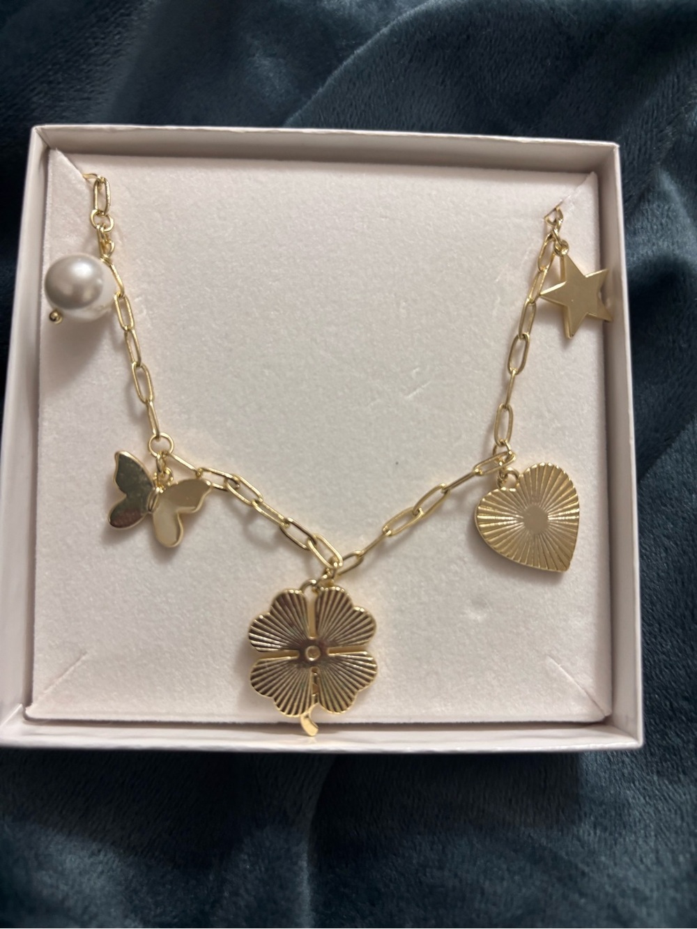 Gold Charm Link Necklace with Flower, Heart, Star, Butterfly & Pearl Accents